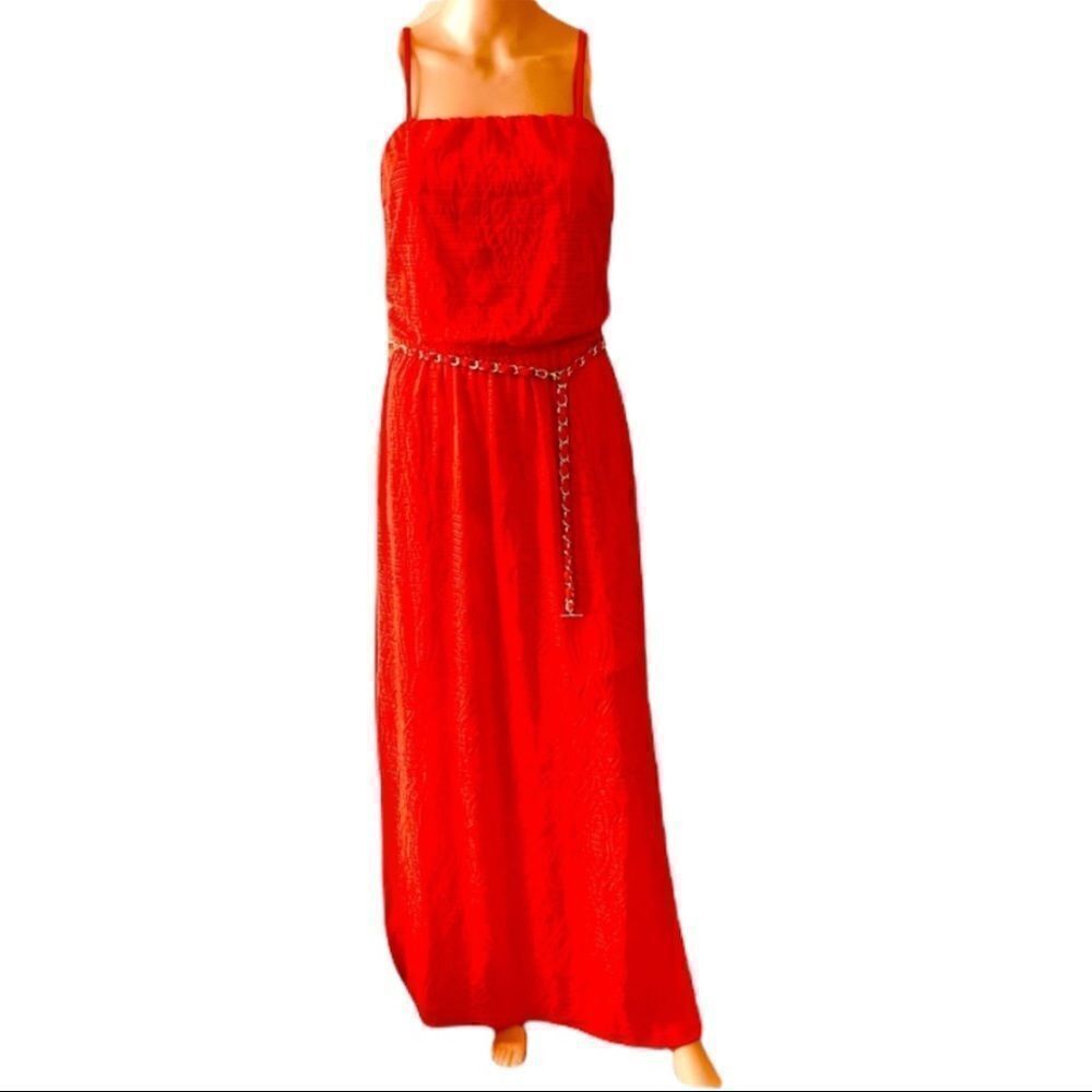 NWT Cache Red Lace Brocade Belted Maxi Dress SMALL